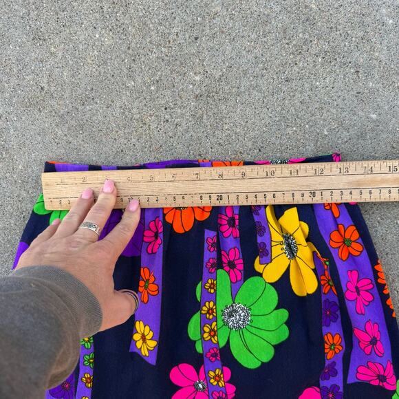 Vintage 60s Flower Power Mod Day Glo Barkcloth Ditzy Daisy Long Skirt SMALL? - Picture 5 of 7
